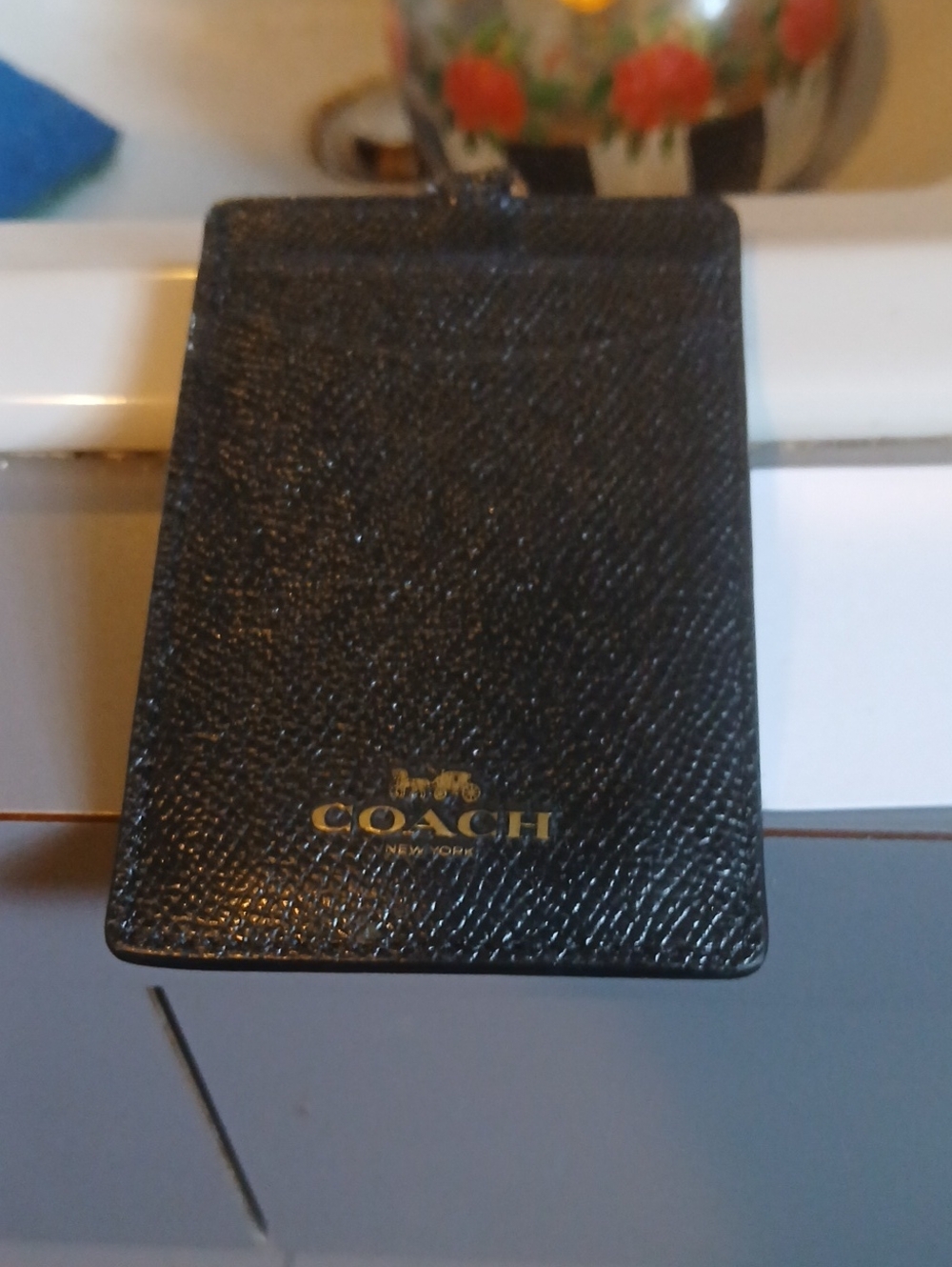 Coach Black Leather ID Tag with Gold Logo